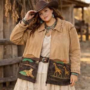 90s Western Brown Suede Jacket w/ Safari Animal Appliques by Quacker Factory 3X